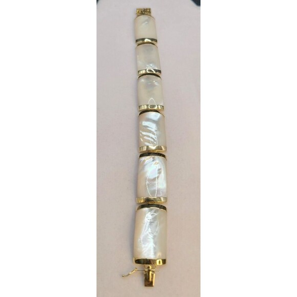 14K Gold Mother Of Pearl Bracelet 7" Long Rectangular Stones - Picture 4 of 8